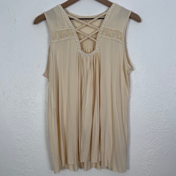 POL Lace Trim Crisscross Neckline Sleeveless Tank Top Flowy Boho Size Large - Picture 1 of 5
